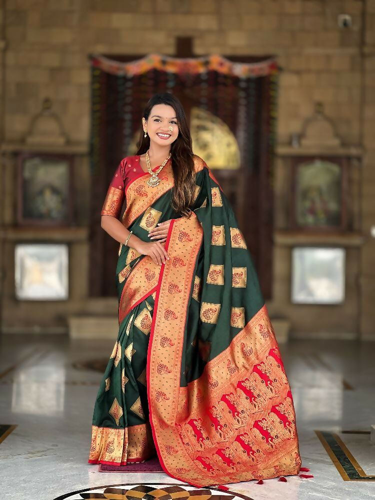 Soft Banarasi Silk Saree with Zari Meenakari Design in Freen