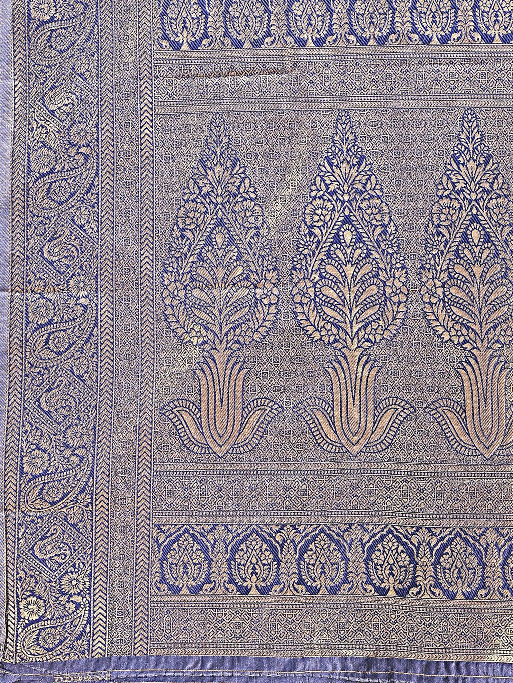 Cream and Navy Blue Banarasi Silk Saree