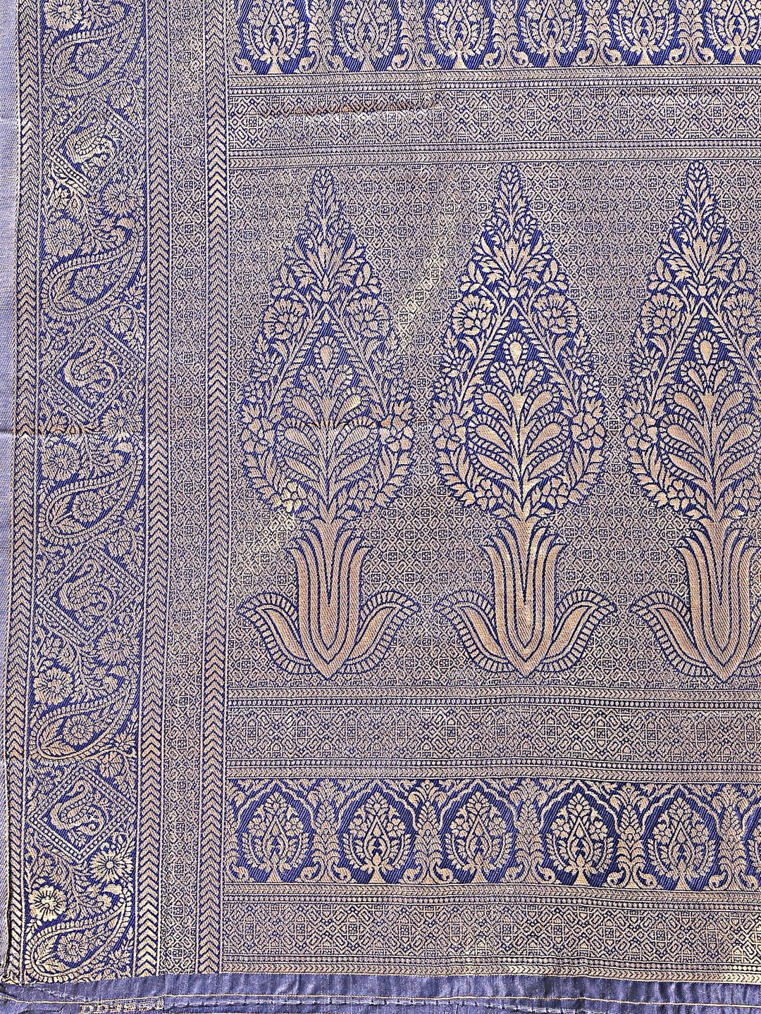 Cream and Navy Blue Banarasi Silk Saree