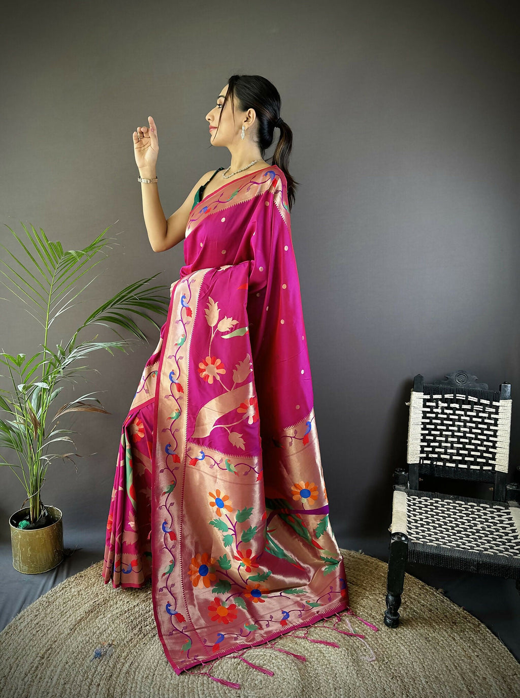 Dark Pink Zari Woven Floral Motifs Soft Silk Paithani Saree