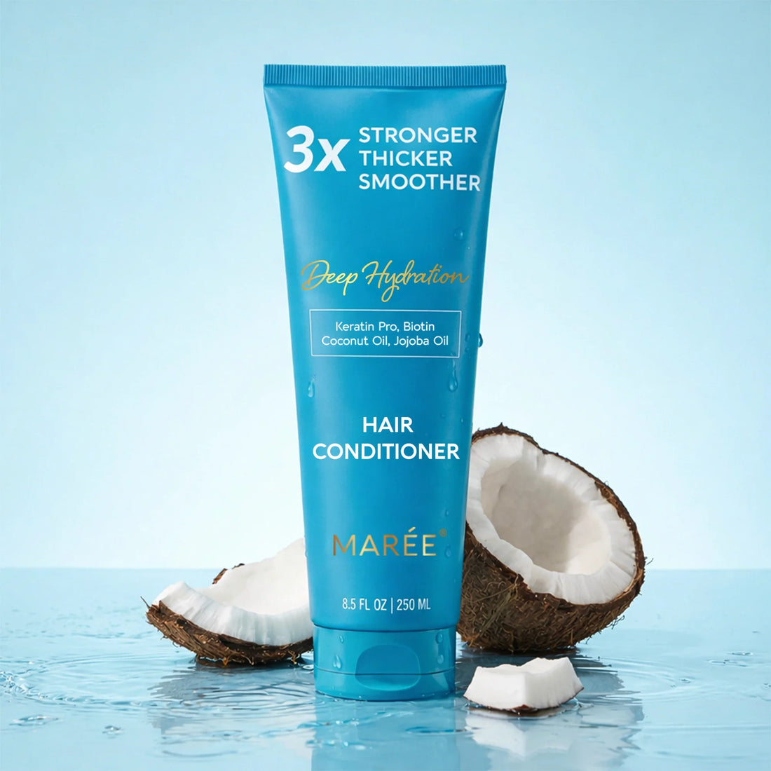 Two tubes of blue Deep Hydrating Hair Conditioner by Maree featuring coconut oil, keratin, and biotin ingredients.