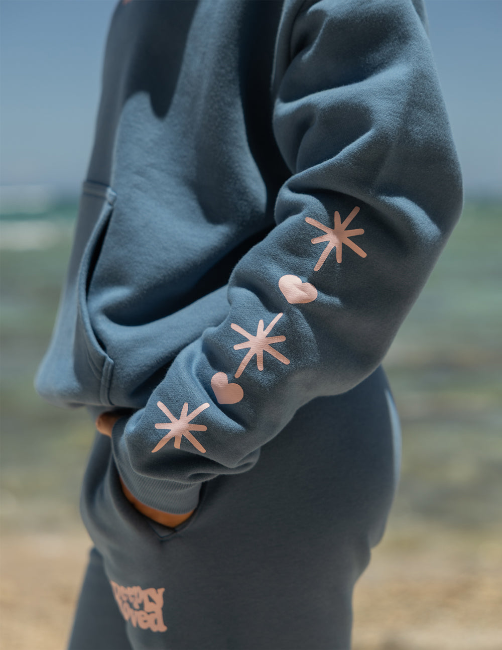 Deeply Loved Unisex Cotton Hoodie in Dusty Blue and Pink