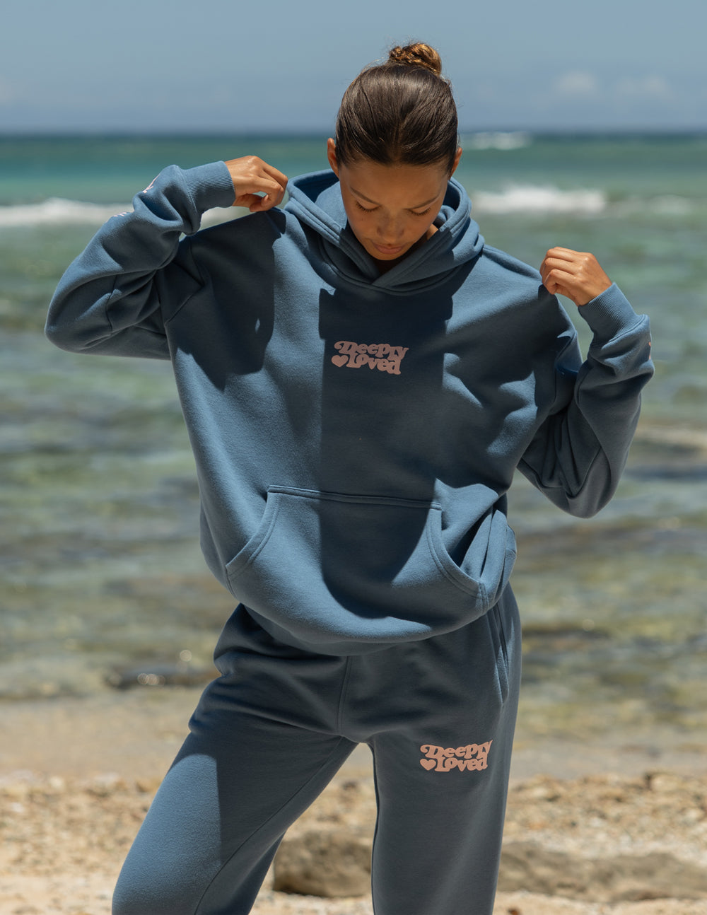 Deeply Loved Unisex Cotton Hoodie in Dusty Blue and Pink