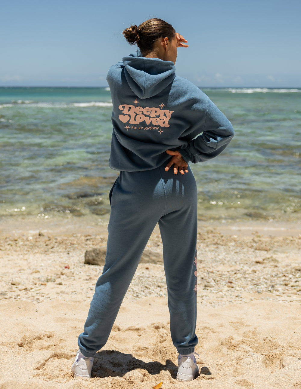 Deeply Loved Unisex Cotton Hoodie in Dusty Blue and Pink