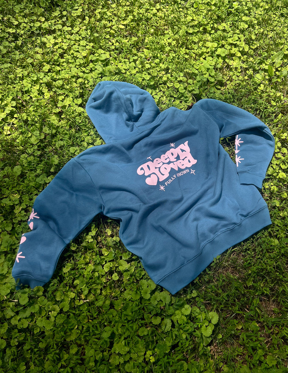 Deeply Loved Unisex Cotton Hoodie in Dusty Blue and Pink