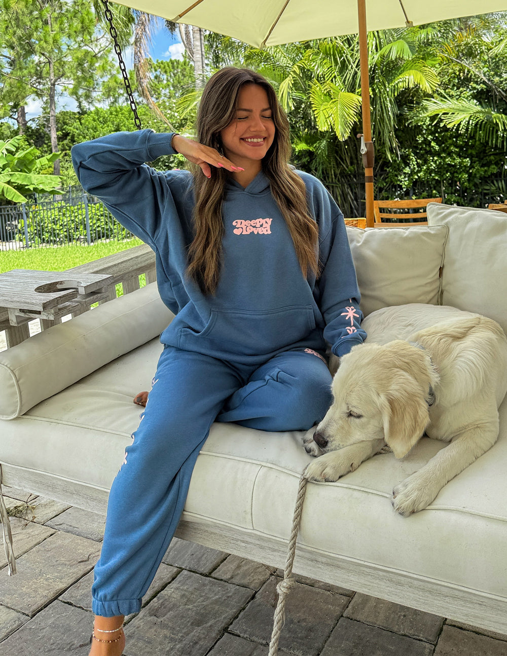 Deeply Loved Unisex Cotton Hoodie in Dusty Blue and Pink
