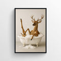 A photorealistic art print of a deer sitting in a white clawfoot bathtub with water splashing, suitable for bathroom wall decor.