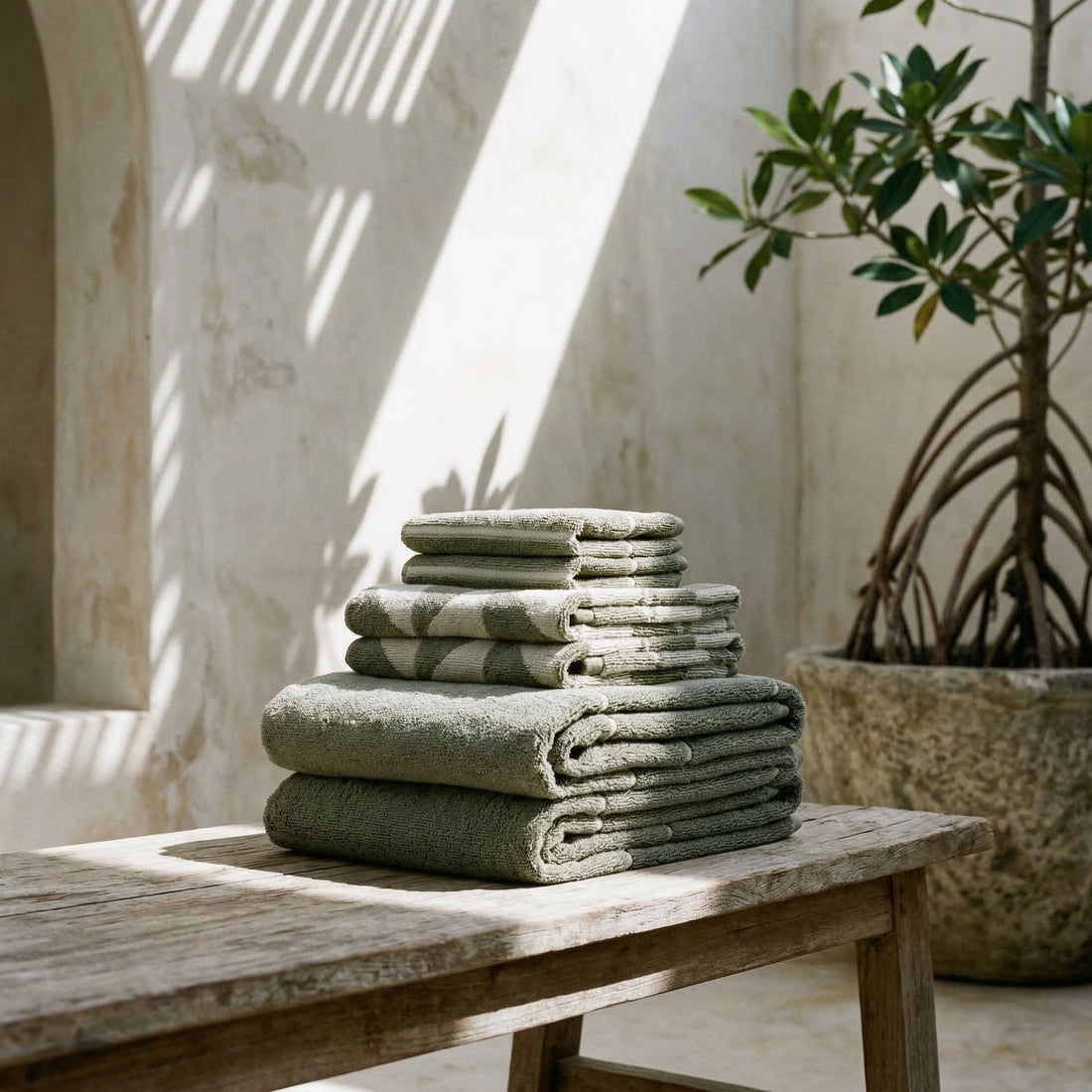 Sage Green Australian Cotton Geometric Bath Towel 600 GSM - Image 36