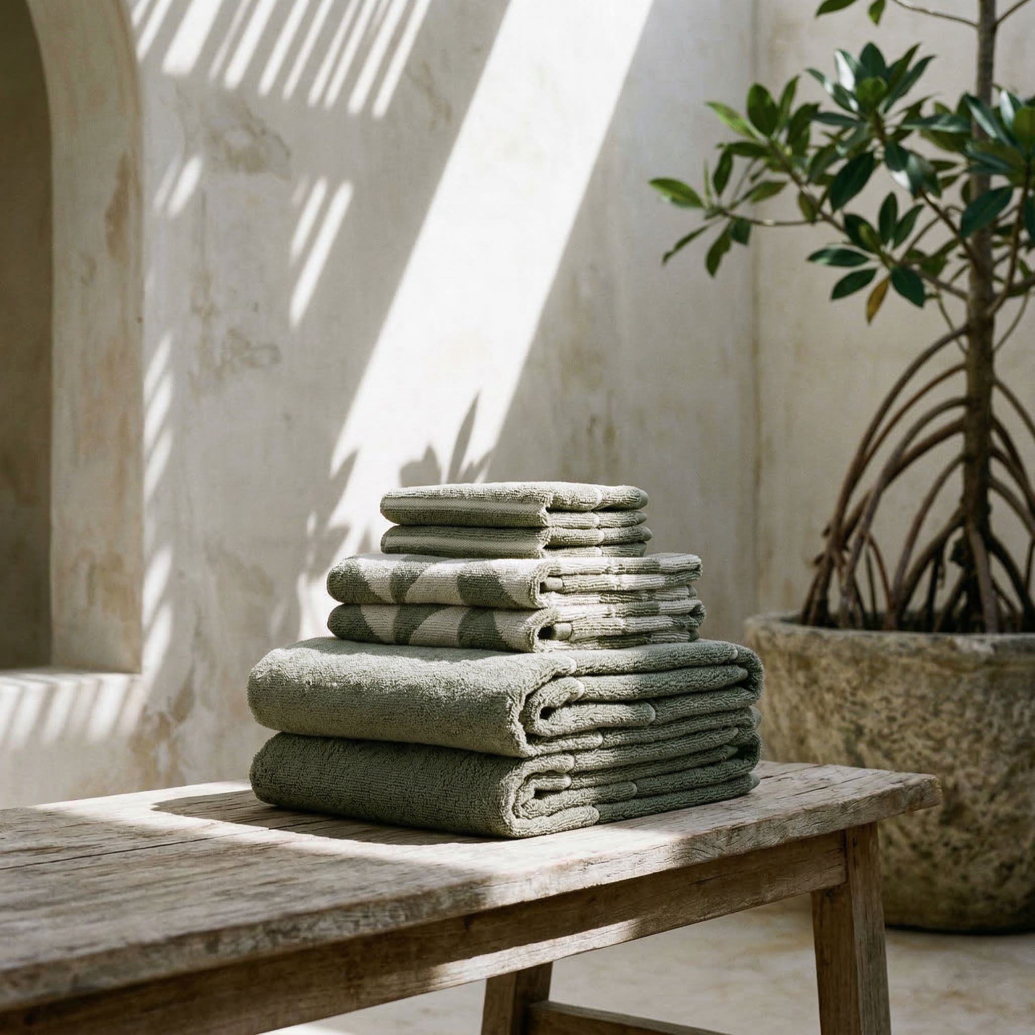 Sage Green Australian Cotton Geometric Bath Towel 600 GSM - Image 36