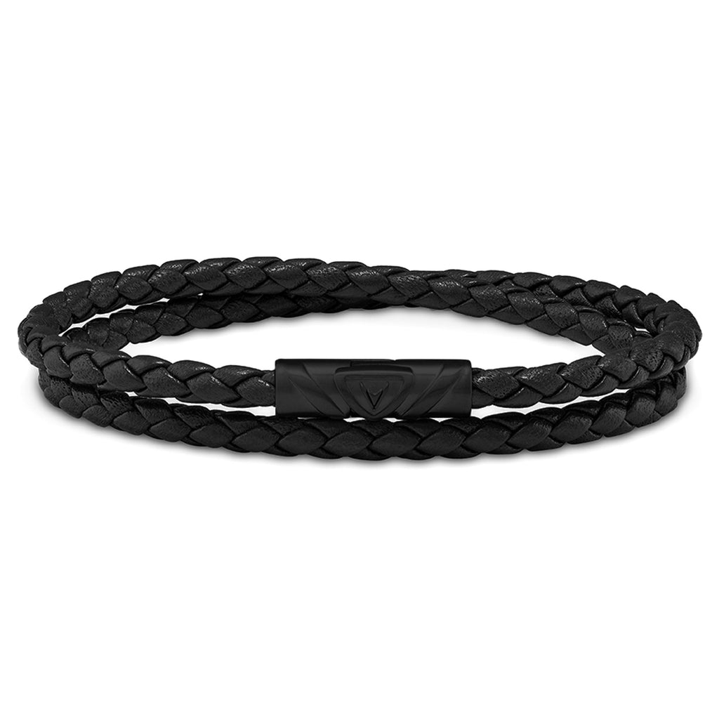 Close up of The Delta Double leather bracelet in matte black featuring a magnetic clasp.