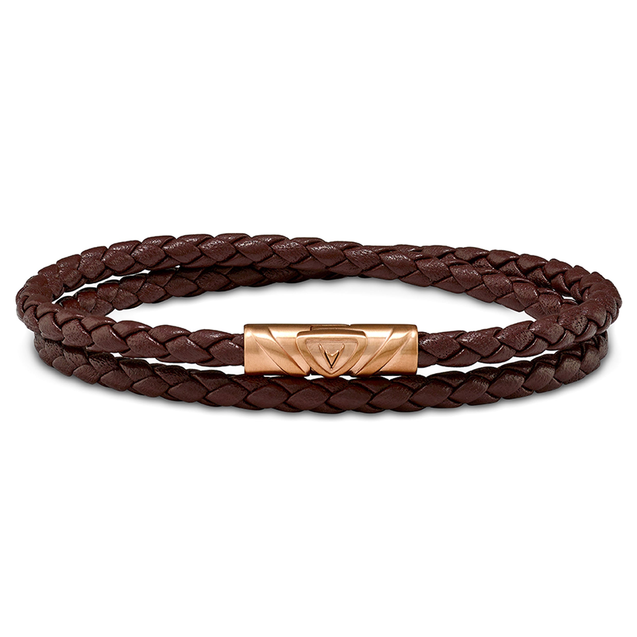 The Delta Double bracelet in mocha Italian leather with rose gold magnetic clasp details