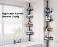 Black 4-tier telescopic corner shower storage rack installed in a bathroom