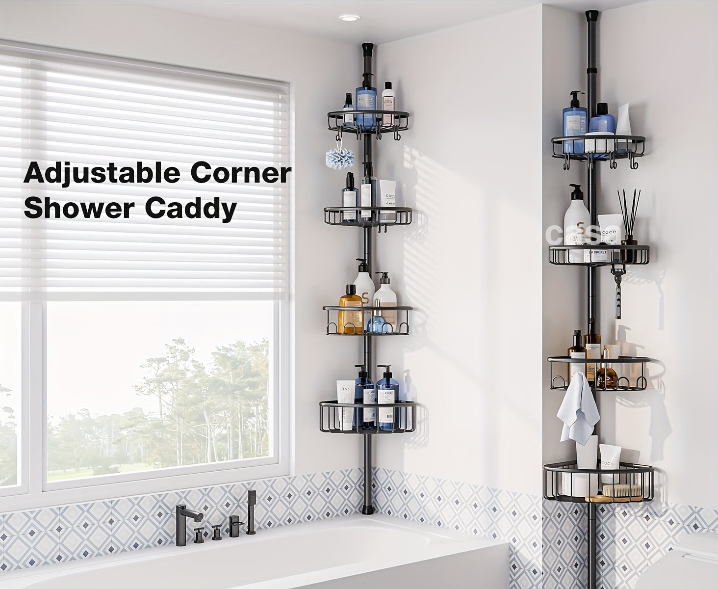 Black 4-tier telescopic corner shower storage rack installed in a bathroom