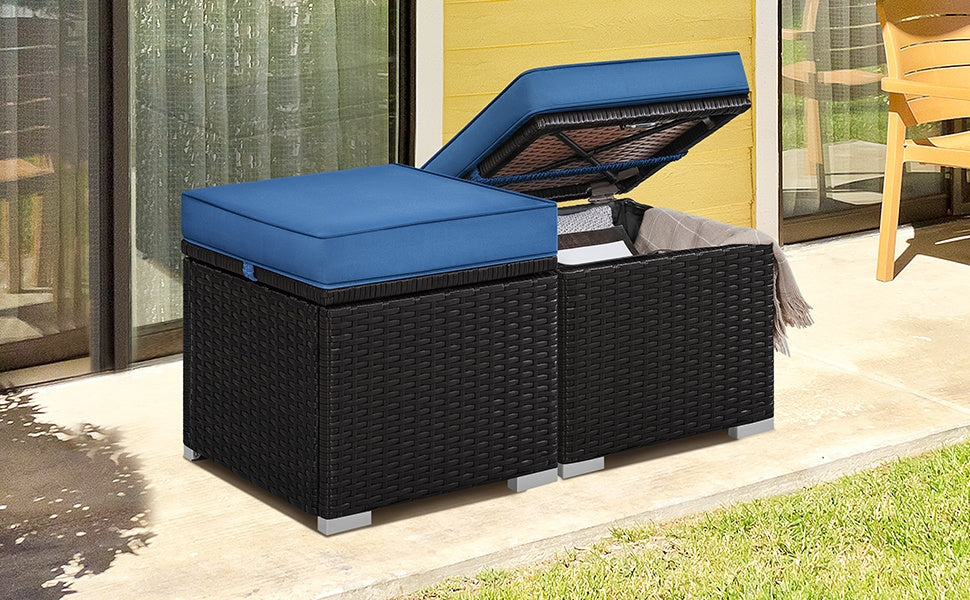 2-Piece Rattan Storage Ottoman Set with Cushions for Patio Garden