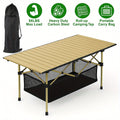 A sleek, minimalist foldable camping table in matte black set up in an outdoor environment for a picnic.