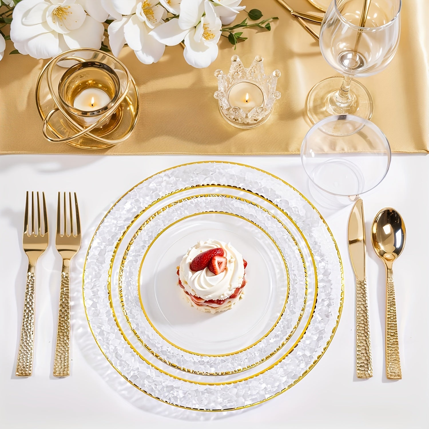 50PCS Clear Plastic Dinnerware Set with Gold Accents for Parties