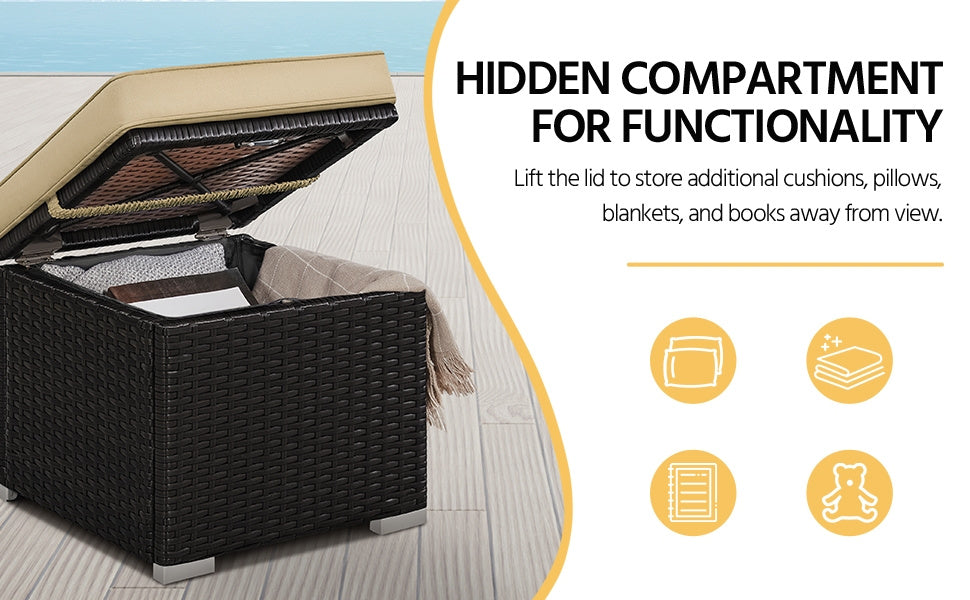 2-Piece Rattan Storage Ottoman Set with Cushions for Patio Garden