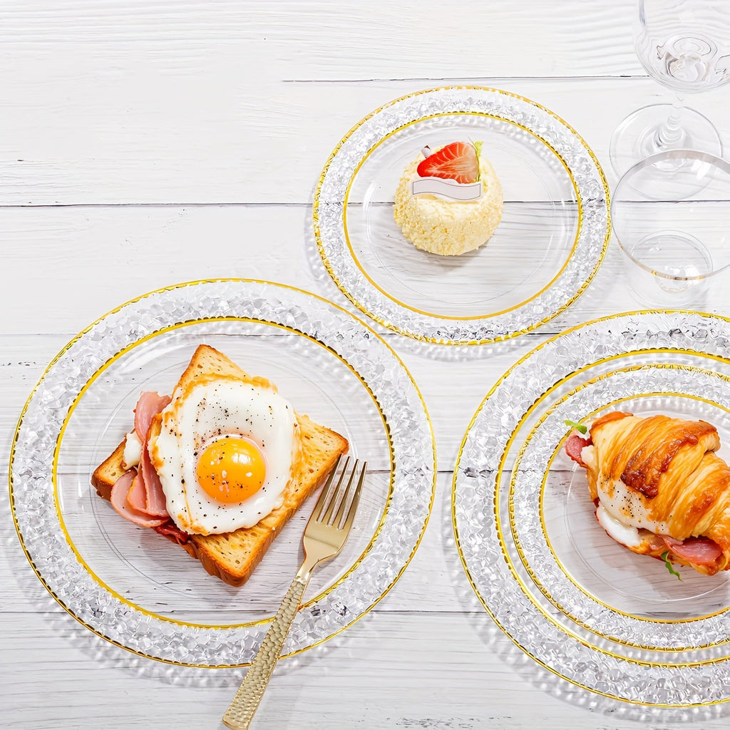50PCS Clear Plastic Dinnerware Set with Gold Accents for Parties
