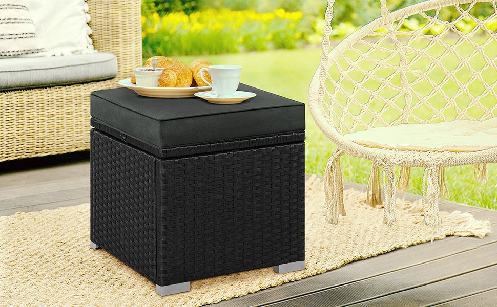 2-Piece Rattan Storage Ottoman Set with Cushions for Patio Garden