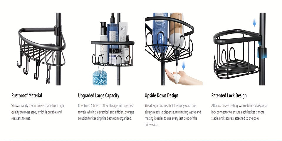 4-Tier Adjustable Corner Shower Organizer Rack in Black