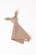 Desert Lark linen lovey bunny in soft neutral fabric with stitched face and rounded ears.