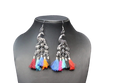 Designer peacock themed oxidized silver earrings with multi-color silk threads