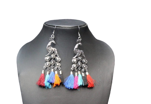 Designer peacock themed oxidized silver earrings with multi-color silk threads