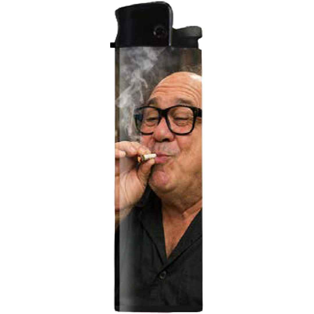 A black novelty lighter featuring a high-fidelity graphic of Frank Reynolds from Always Sunny.