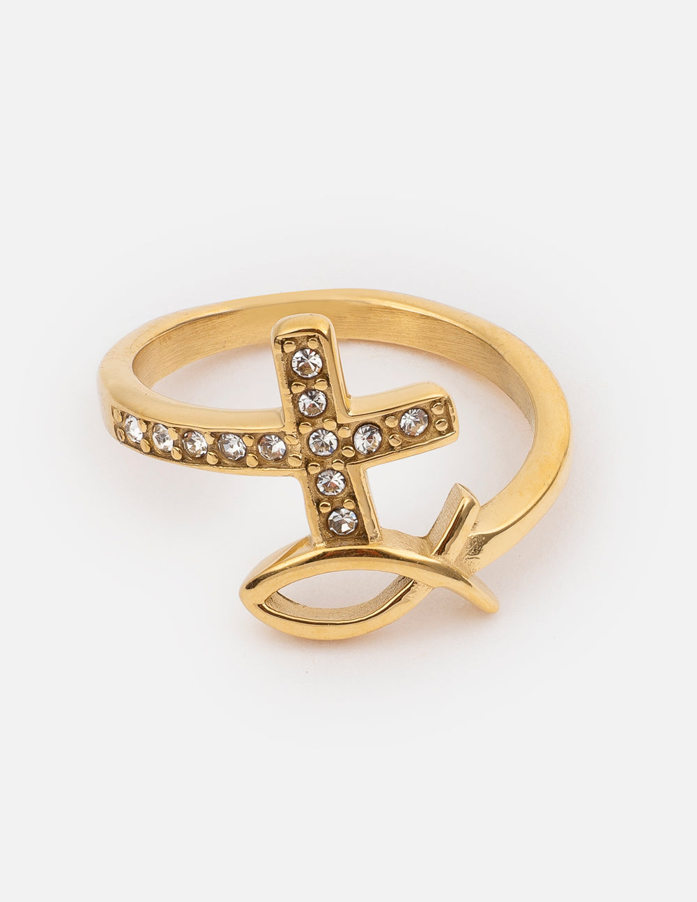 Minimalist gold devotion ring on a finger, symbolic religious jewelry design