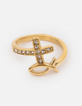 Minimalist gold devotion ring on a finger, symbolic religious jewelry design