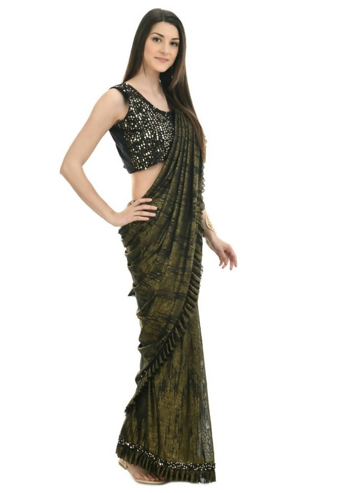 A stunning Olive Green and Black ruffled ready-to-wear saree featuring sequence embroidery on the blouse.