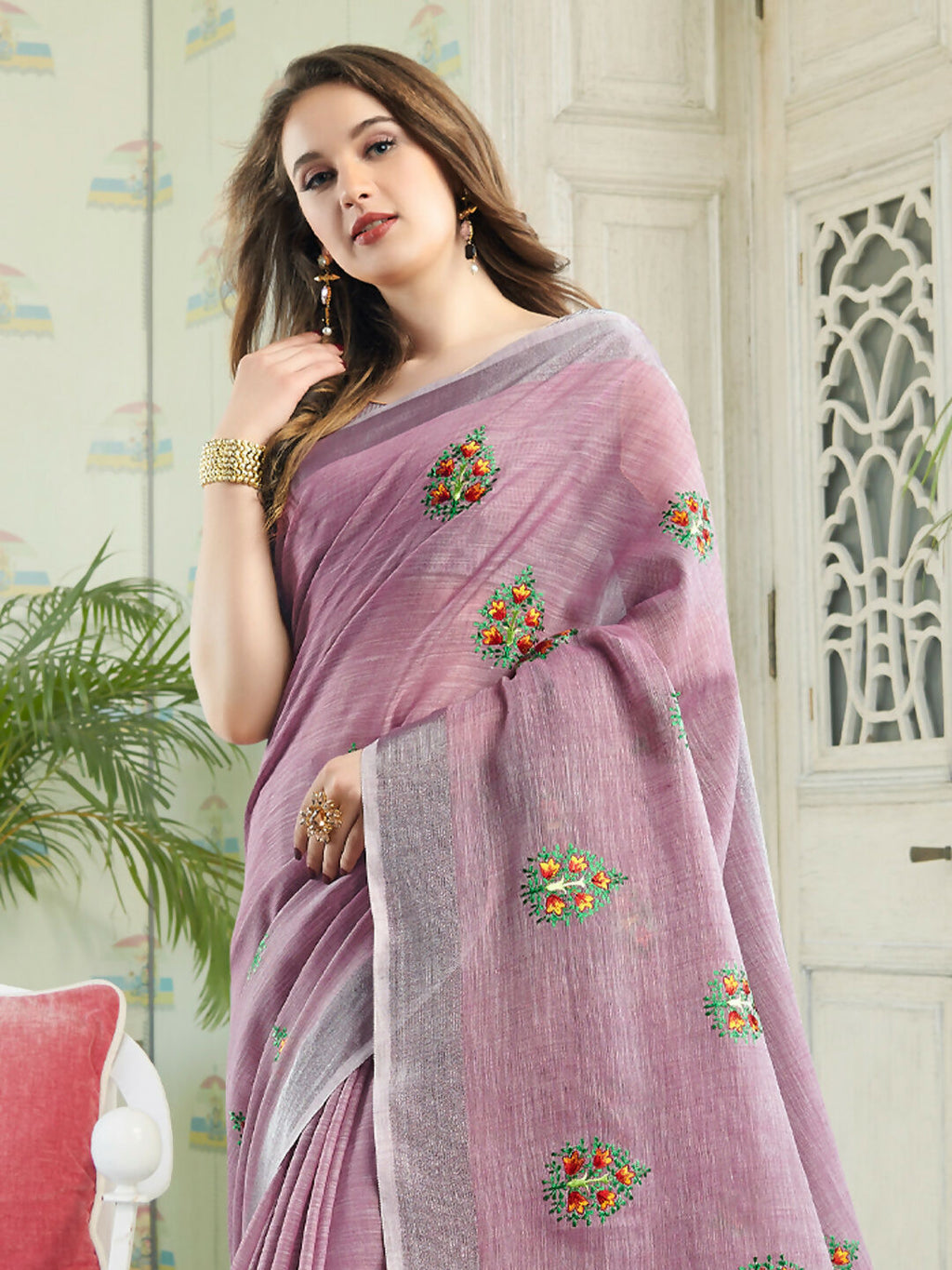 Light Purple Linen Saree with Matching Blouse Piece