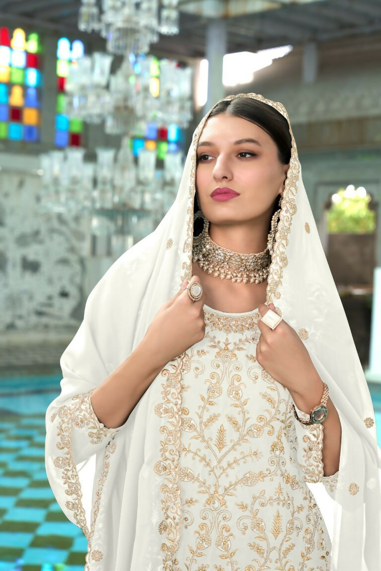 Women's White Faux Georgette Heavy Embroidery and Moti Work Kurta