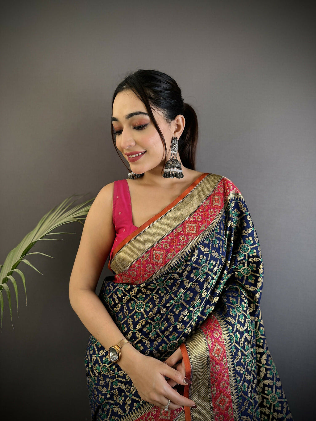Navy Blue Patola Soft Silk Saree with Traditional Pattern