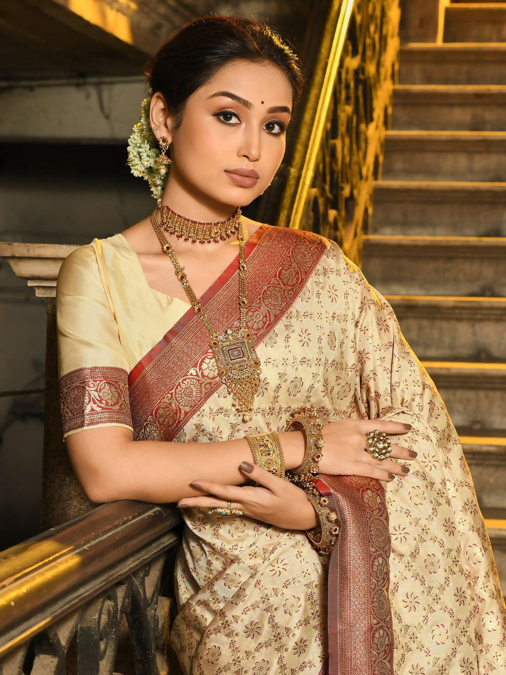 Luxurious maroon Banarasi silk saree with traditional appeal