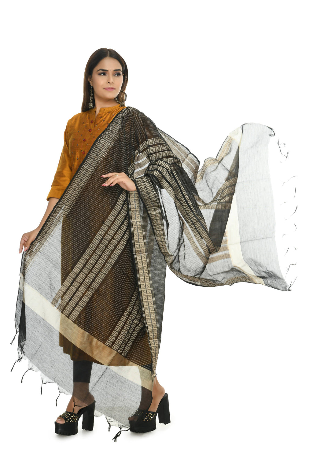 Black Handloom Cotton Dupatta - Traditional Ethnic Scarf