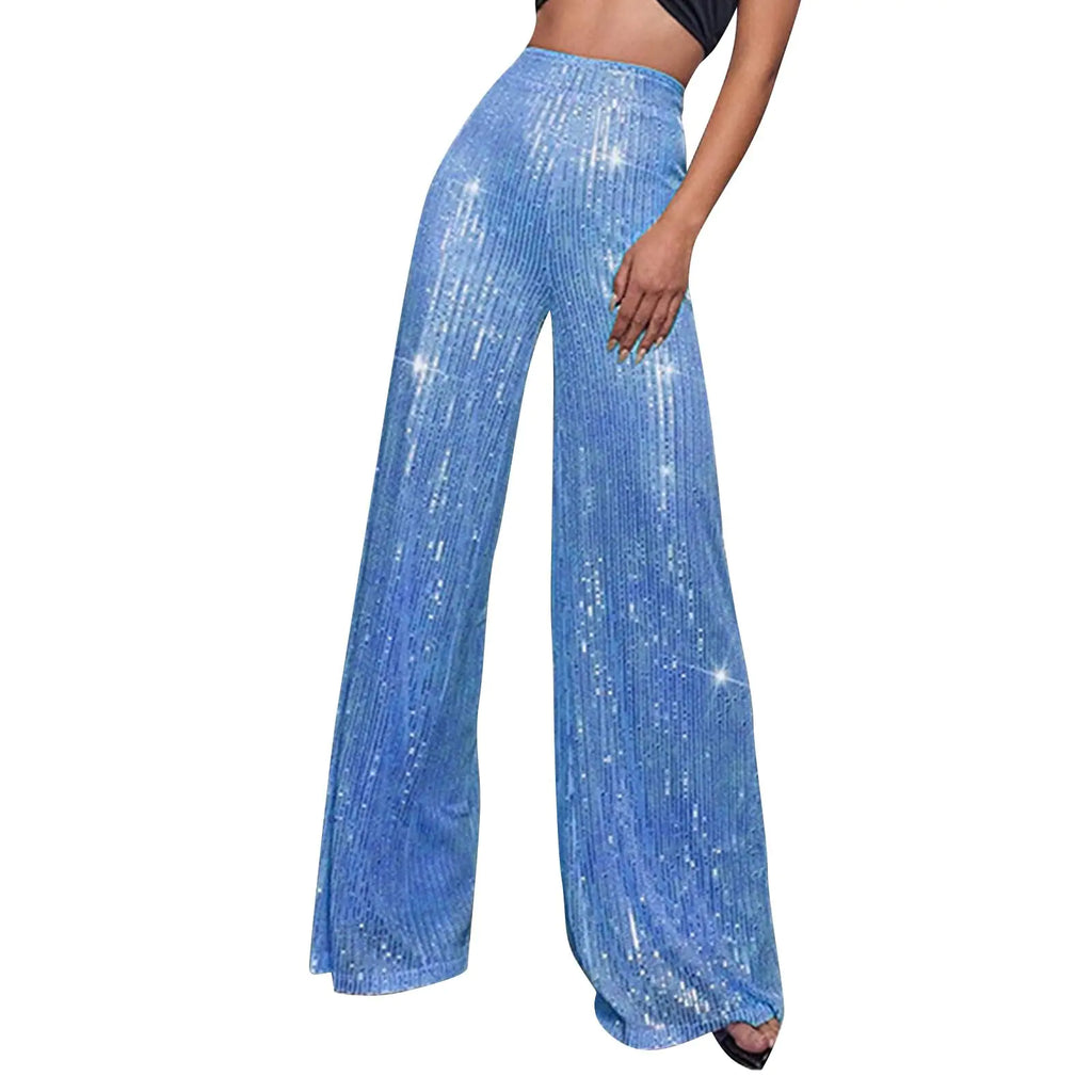 Sequin Pants for Women2024 Spring Sexy Sparkly Glitter Holiday Wide Leg Palazzo Pants Bling Party Nightout Legging Clubwear High Elastic Waist Trouser New Year Eve Outfit（A-Sky BlueLarge