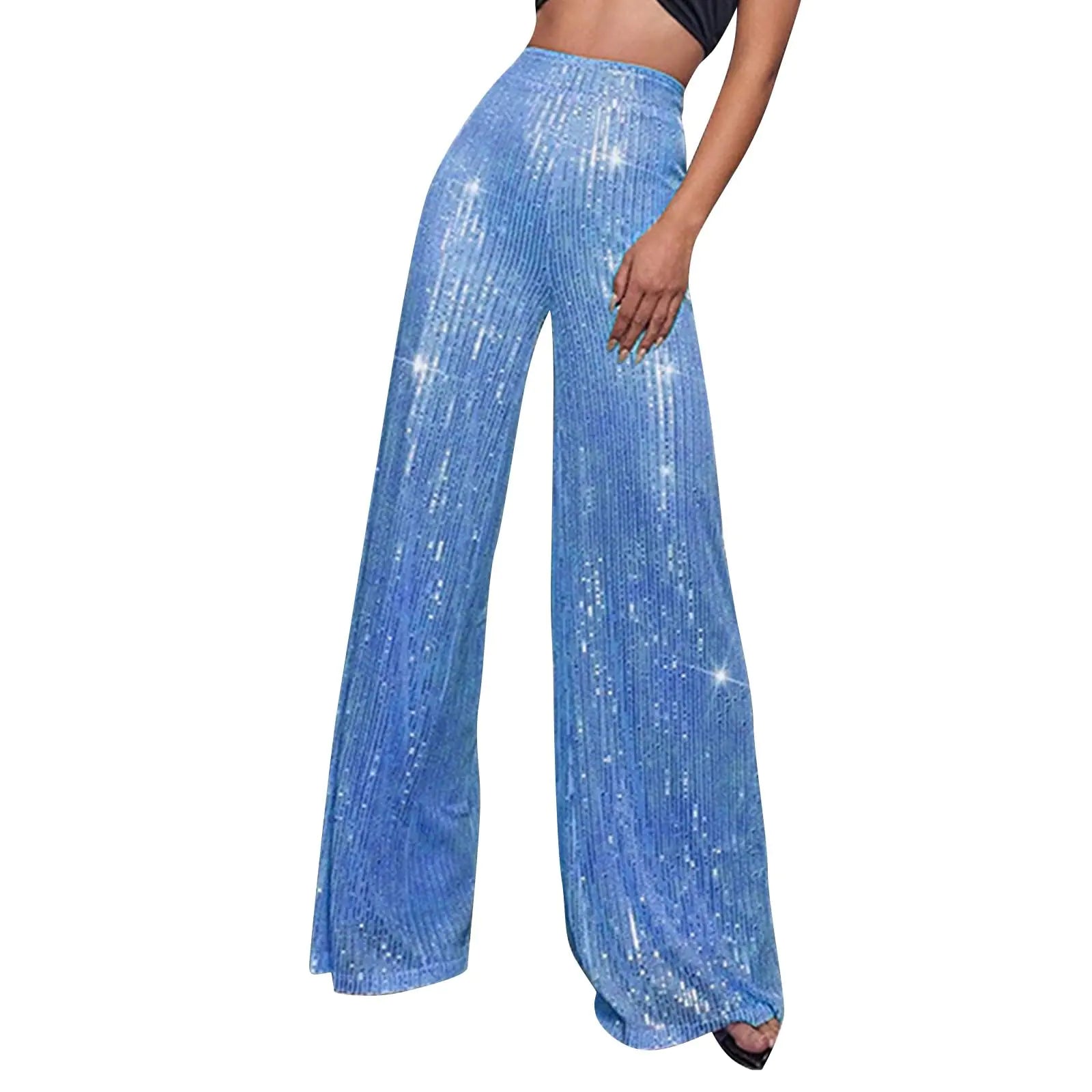 Sequin Pants for Women2024 Spring Sexy Sparkly Glitter Holiday Wide Leg Palazzo Pants Bling Party Nightout Legging Clubwear High Elastic Waist Trouser New Year Eve Outfit（A-Sky BlueLarge
