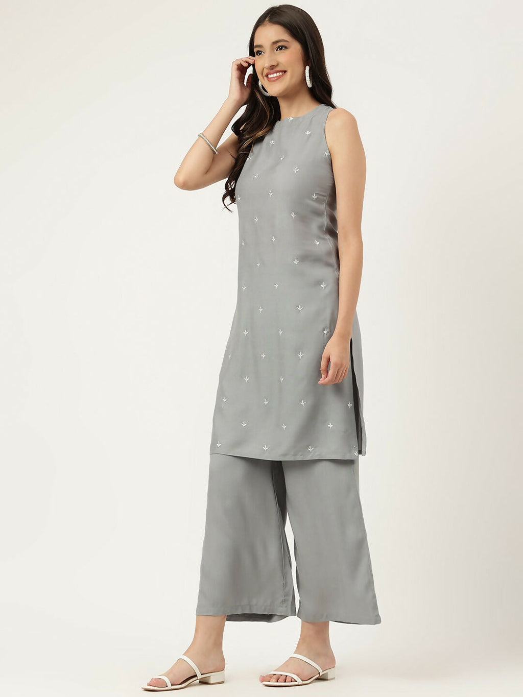 Grey Rayon Straight Kurta and Bottom Set with Embroidered Work