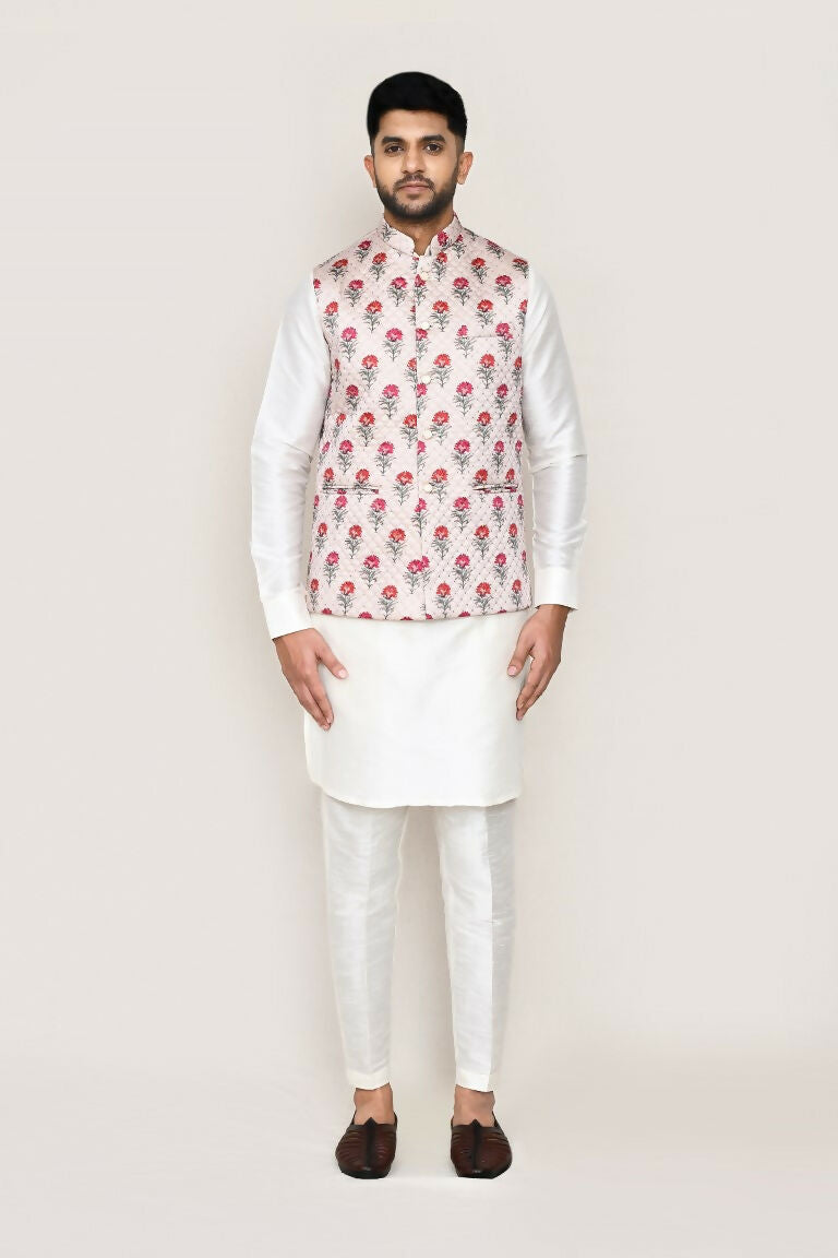 White Art Silk Kurta Set with Matching Jacket and Straight Pants