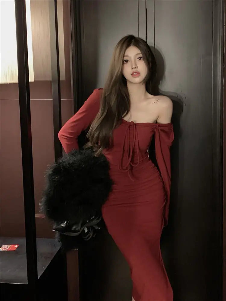 Women's Off-Shoulder Long Sleeve Midi Dress with Side Slit - Image 6