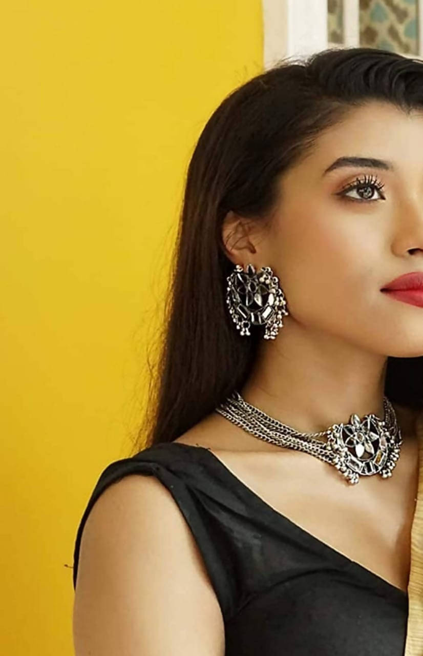 Silver Mirror Work Mangalsutra Necklace for Women and Girls