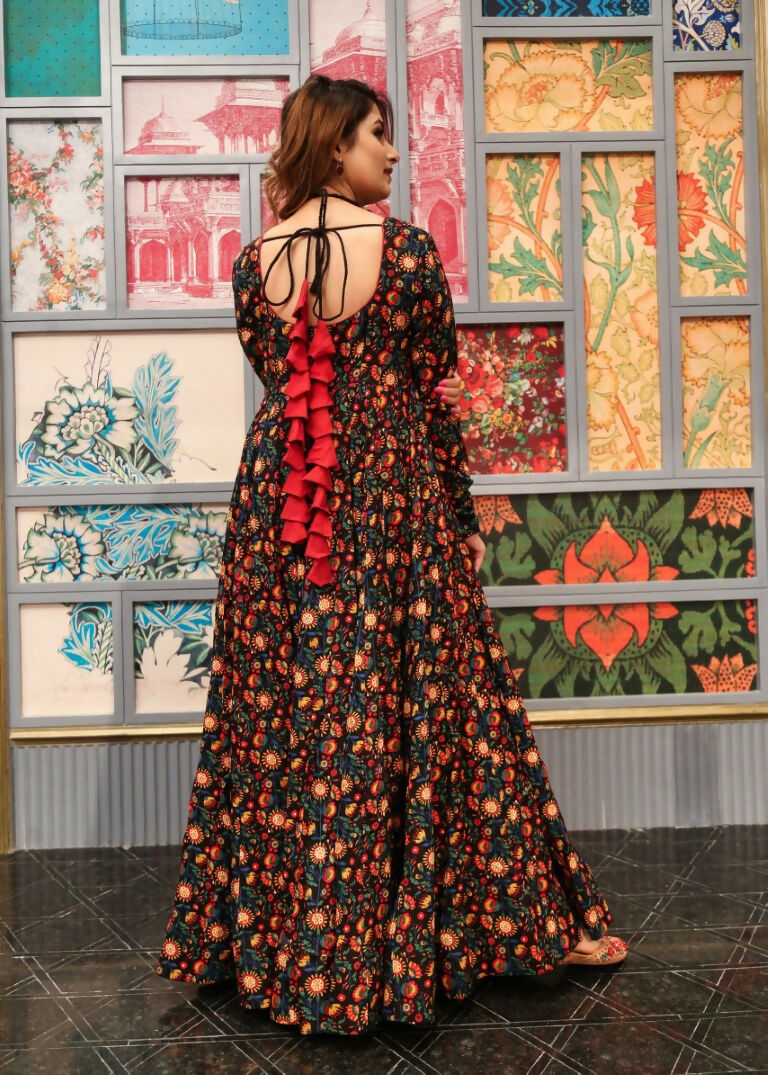 Women's Coffee Heavy Digital Printed Cotton Silk Anarkali Dress