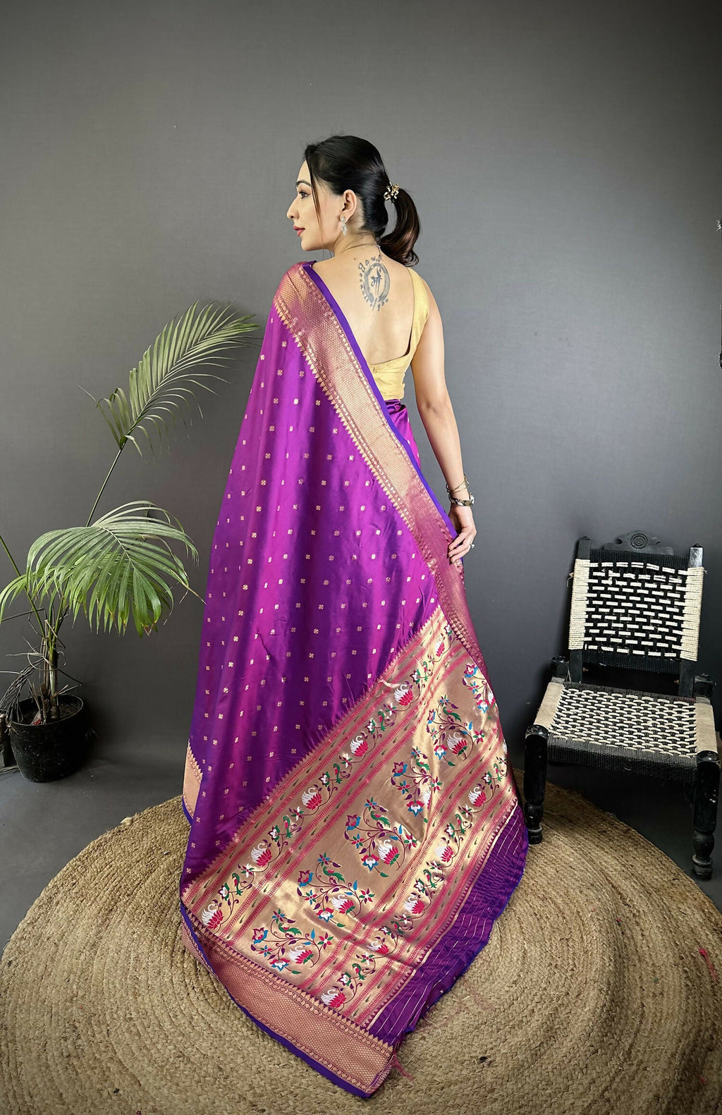 Purple Butti Woven Soft Lichi Silk Paithani Saree with Blouse