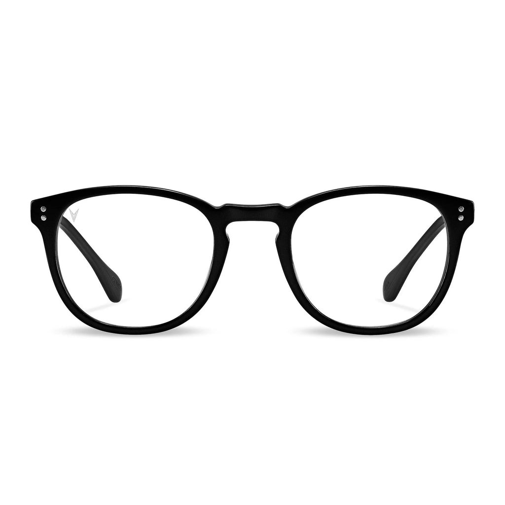 Side-angle view of District Blue Light round glasses in Jet Black