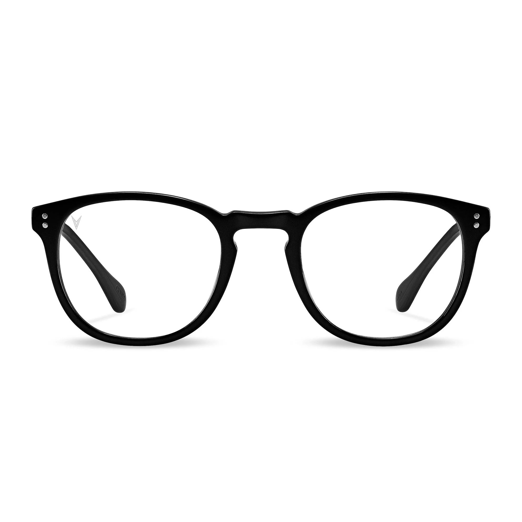 Side-angle view of District Blue Light round glasses in Jet Black
