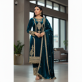 Teal velvet kurta set with detailed embroidery and sequence work