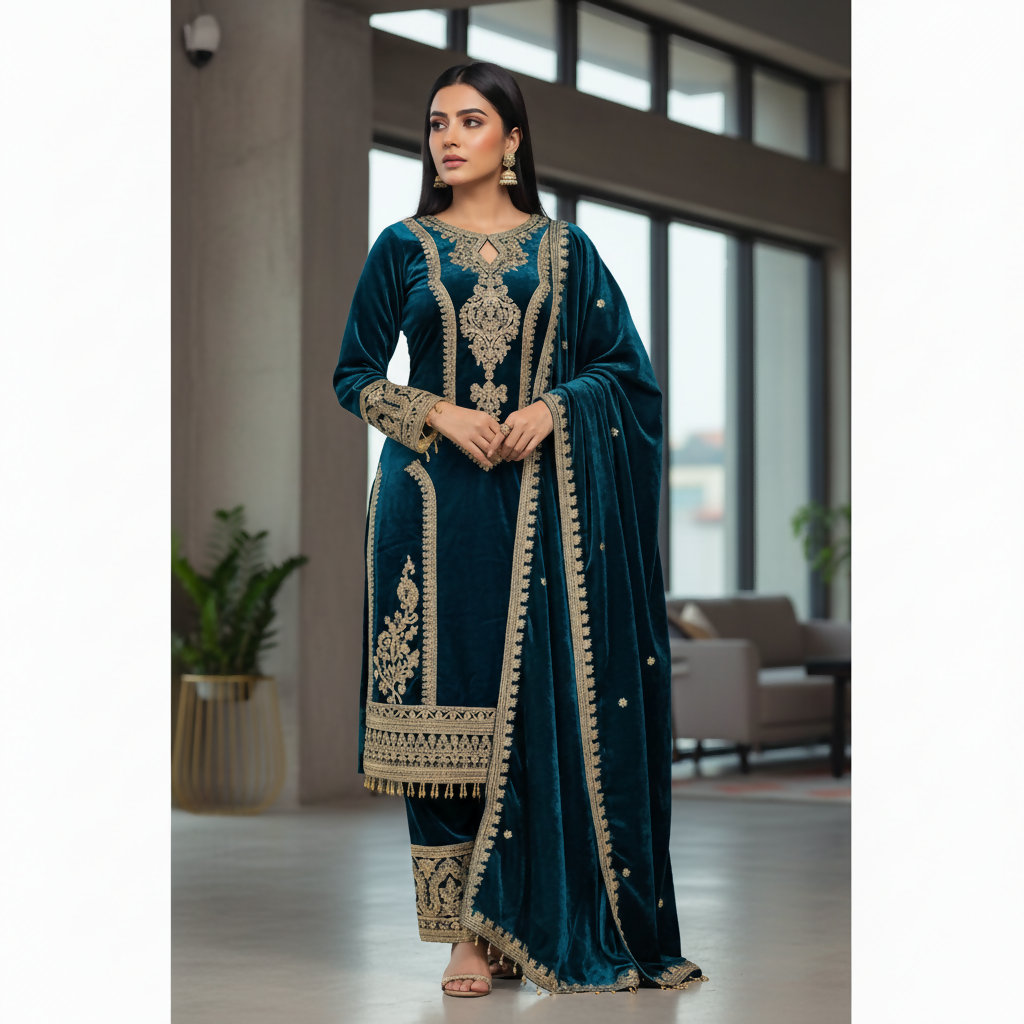Teal velvet kurta set with detailed embroidery and sequence work
