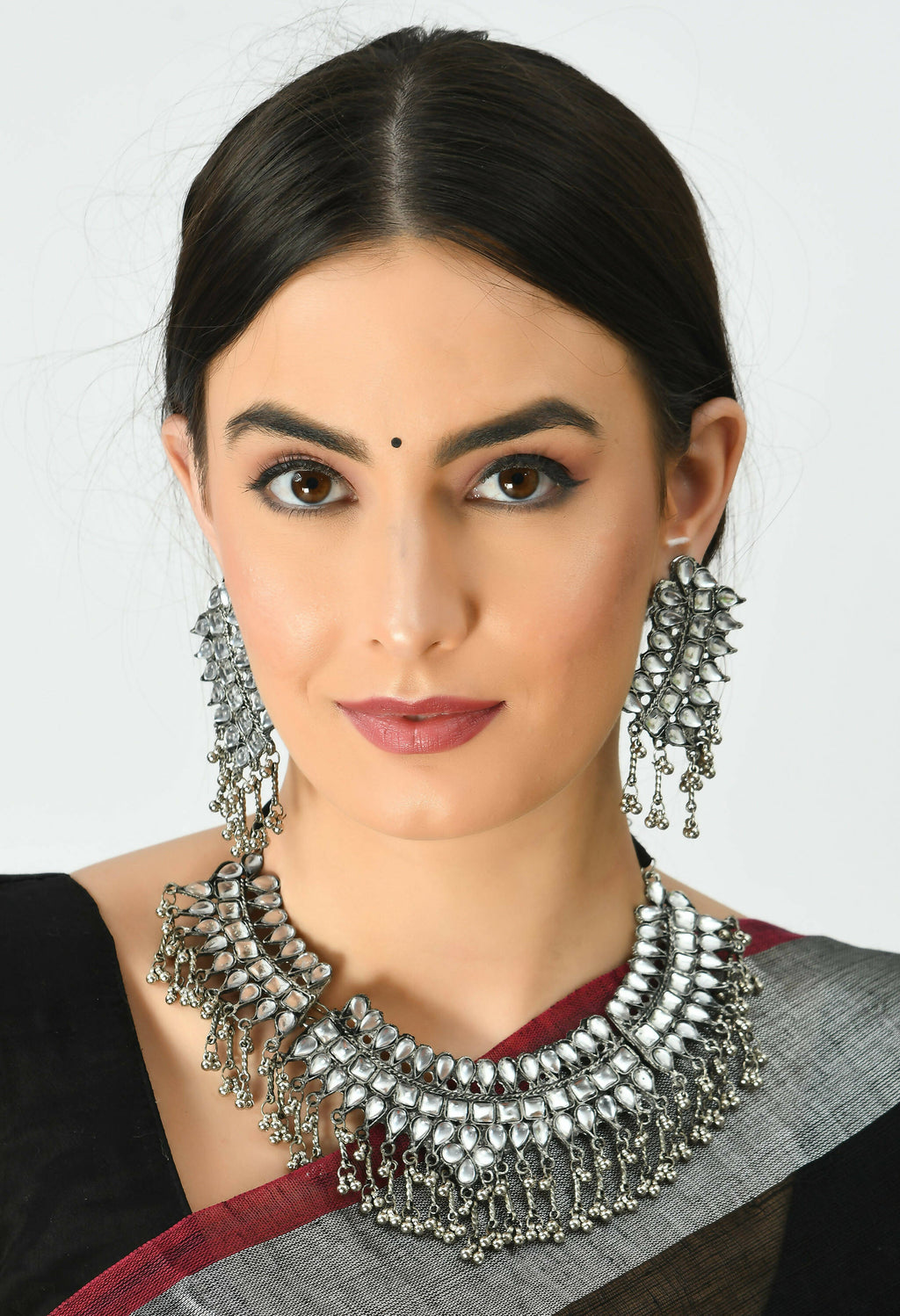 Kundan Oxidised Silver-Plated Brass Necklace for Women