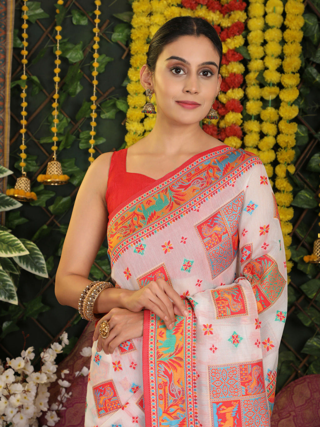 White Linen Cotton Saree with Matching Blouse for Minimalists